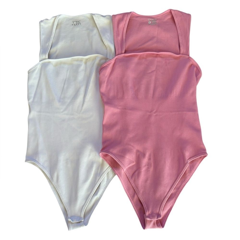 OQQ Ribbed Bodysuit Bundle Of 2 Square Neck Sleeveless Womens XL Pink White